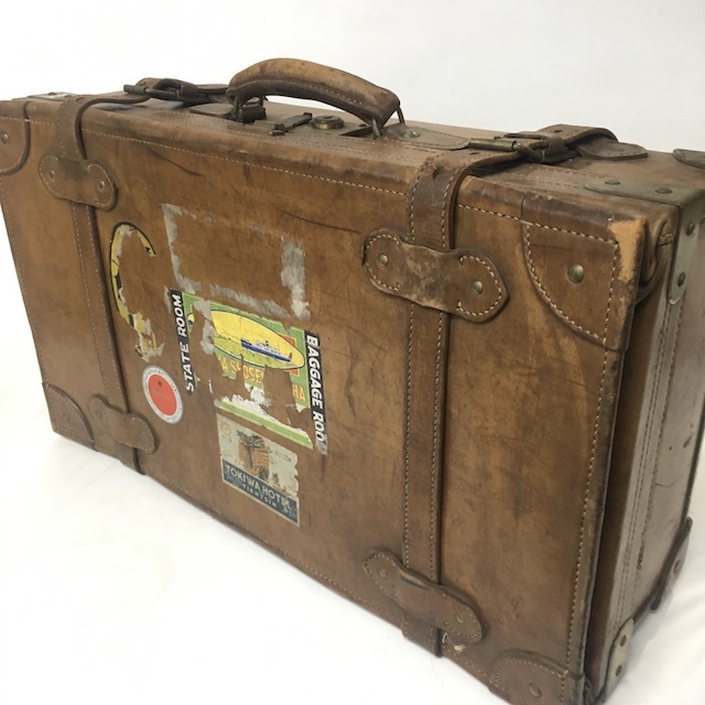 SUITCASE, Vintage Style - Large Brown Leather w Straps & Stickers (Japanese Style)